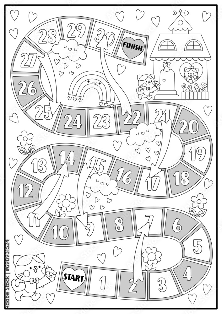 Saint Valentine black and white board game with funny cat boy going to cat girl. Love holiday line boardgame with house, flowers, hearts. Cute printable roll a dice activity or coloring page.