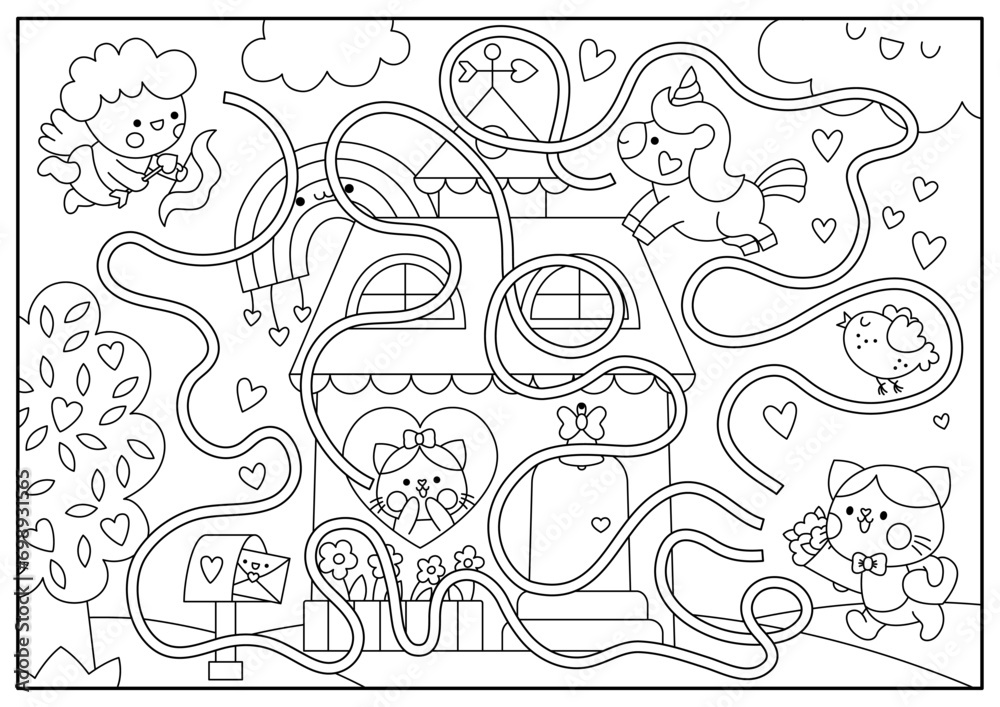 Saint Valentine black and white maze for kids. Love holiday line printable activity with kawaii unicorn, rainbow, cupid. Labyrinth game, puzzle, coloring page with cute romantic date scene, cats.
