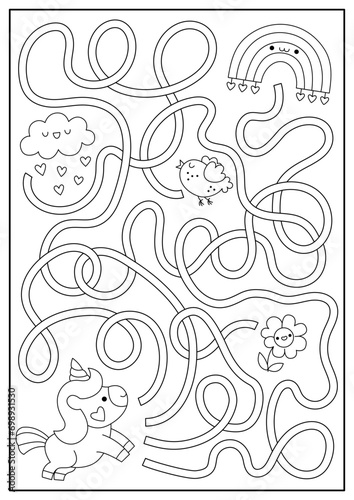 Saint Valentine black and white maze for kids. Love holiday line printable activity with kawaii unicorn, rainbow, cloud, flower, hearts. Labyrinth game, puzzle, coloring page with fairytale characters