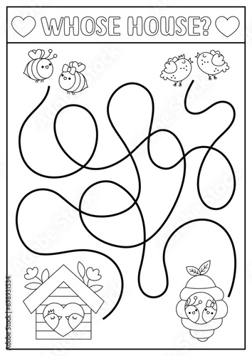 Saint Valentine black and white maze for kids. Love holiday line printable activity with kawaii bumblebees, birdhouse, beehive. Labyrinth game, puzzle, coloring page with pair, houses.