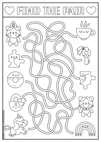 Saint Valentine black and white maze for kids. Love holiday line printable activity with kawaii pairs. Labyrinth game, puzzle, coloring page with cat, jigsaw puzzle, cup, donut, unicorn, rainbow.