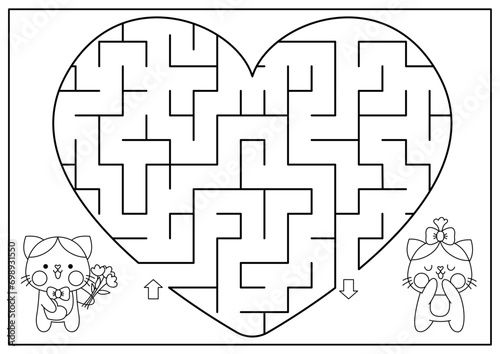 Saint Valentine heart shaped black and white maze for kids. Love holiday line printable activity with kawaii cats. Labyrinth game, puzzle, coloring page with cute kitten with flowers, gift.