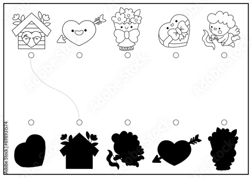 Saint Valentine black and white shadow matching activity. Love holiday shape recognition kawaii puzzle. Find correct silhouette printable worksheet, coloring page with cake, candies, cupcake.
