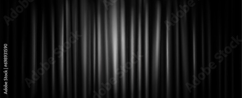 Closed black theater stage curtain with round spotlight. Realistic vector background of opera show or movie ceremony drapery on scene. Cinema or announcement concept with waved fabric with light.