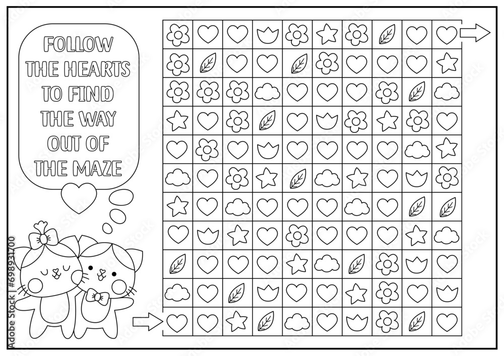 Saint Valentine black and white maze, seek and find game with hearts, flowers, stars. Kawaii printable activity, puzzle, coloring page for kids. Logical searching puzzle. Follow heart to find way out.