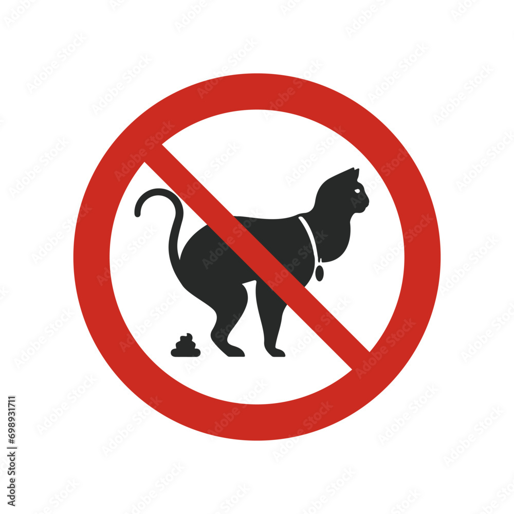 Cat and excrement, no cat pooping signage. Information red circular