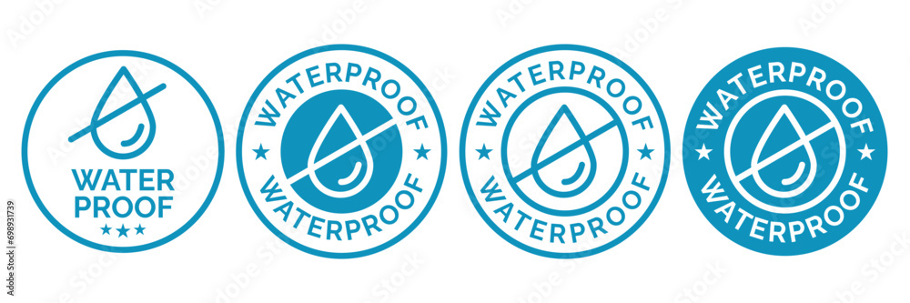 Set waterproof badge vector for product. Collection of water resistant signs. Water protection, liquid proof protection. Shield with water drop. Anti wetting material, surface protection. - obrazy, fototapety, plakaty 