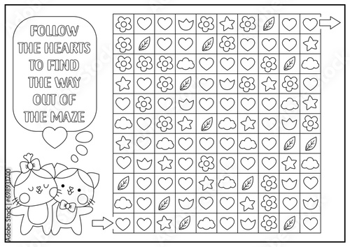 Saint Valentine black and white maze, seek and find game with hearts, flowers, stars. Kawaii printable activity, puzzle, coloring page for kids. Logical searching puzzle. Follow heart to find way out.