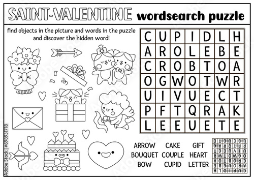 Vector Saint Valentine black and white word search puzzle for kids. Love holiday quiz. Educational kawaii activity, coloring page. Cute English language cross word with cupid, heart, couple.