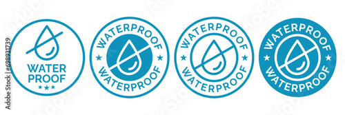 Set waterproof badge vector for product. Collection of water resistant signs. Water protection, liquid proof protection. Shield with water drop. Anti wetting material, surface protection.