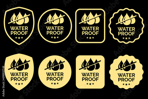 Set waterproof badge vector for product. Collection of water resistant signs. Water protection, liquid proof protection. Shield with water drop. Anti wetting material, surface protection.