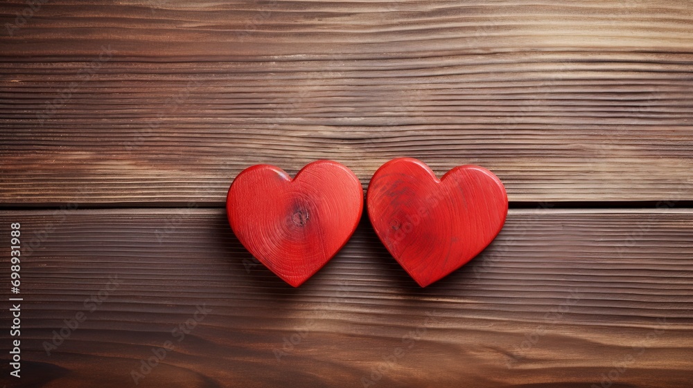 Two red hearts on wooden background, copy space - generative ai Two red hearts on wooden background, copy space - generative ai