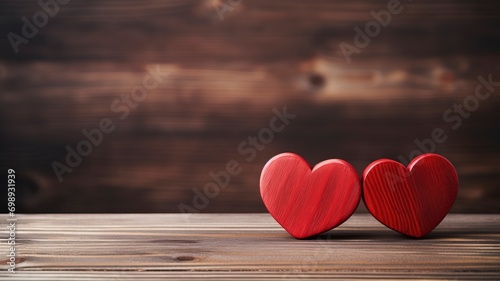 Two red hearts on wooden background  copy space - generative ai