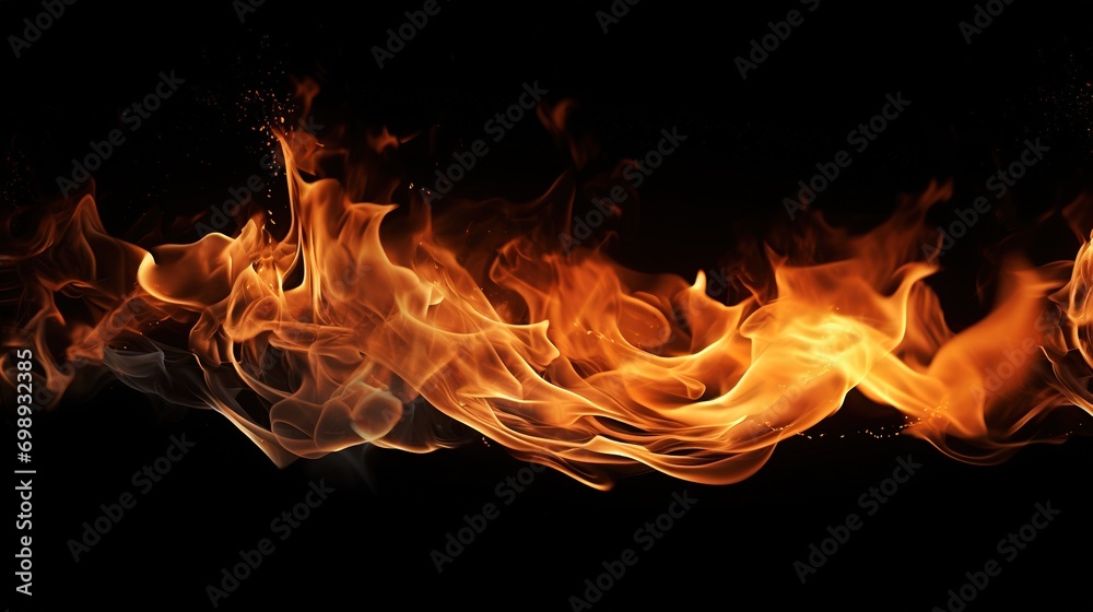 Fototapeta premium Beautiful Stylish Fire on Black Background. Flames, Hot, Fireplace 