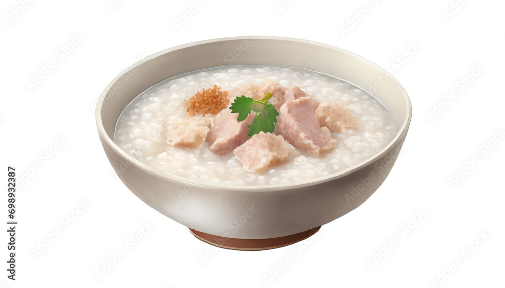 Congee rice porridge with meat in bowl isolated on transparent background Congee rice porridge with meat in bowl isolated on transparent background