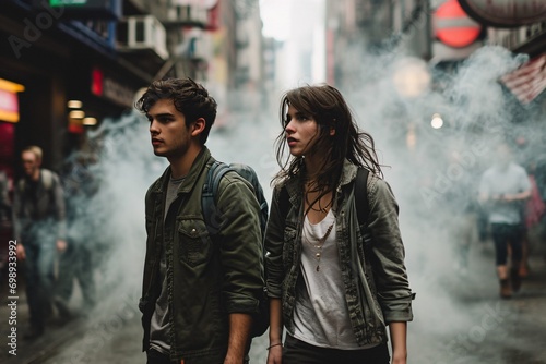 Two people walking down a foggy street