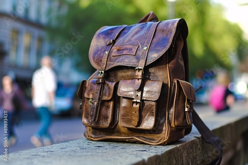 A brown leather backpack with a tag on it. photo