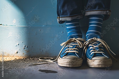 A person wearing blue socks and blue shoes. photo