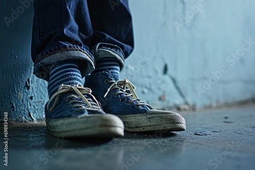A pair of blue jeans and sneakers photo
