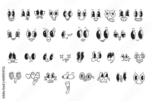 Set of retro cartoon mascot characters. Vintage funny faces with emotions of joy, fun, surprise or cunning. Funny avatars with big eyes and mouth. Vector  photo