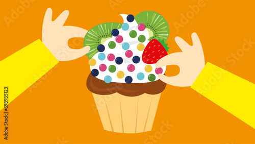 Illustration of a hand holding a cupcake with ice cream and fruits