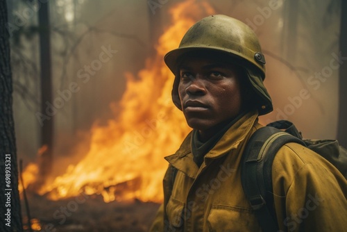 African American firefighter battles wildfire in forest. Generative AI © Azura