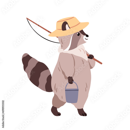 Cute raccoon going with fishing rod. Funny adorable animal, kids character. R...