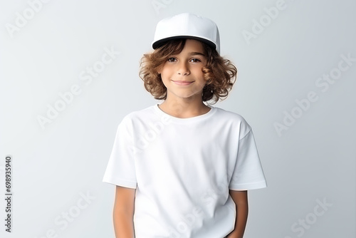 Cute boy in white t-shirt and cap. Kids t-shirt mockup.