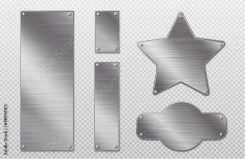 Steel metal tag plate with borders and rivets. Realistic vector set of blank aluminum nameplates or boards with space for text. Silver empty plaque or frame mockup with chrome texture surface.