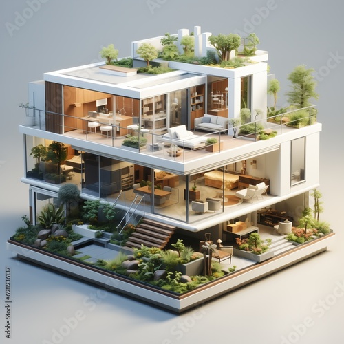 3d isometric of a modern house with a terrace and garden