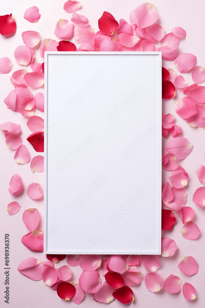 White background with pink petals of roses and white frame with paper. Copy space. 