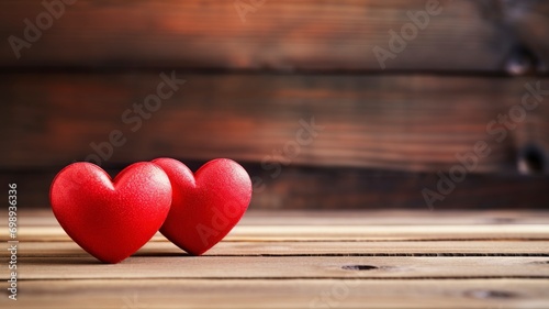 Two red hearts on wooden background  copy space - generative ai