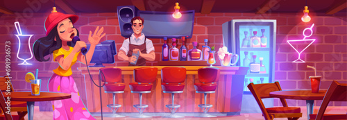 Pub bar interior with bartender making cocktail behind counter with drinks in bottles and female singer with microphone performing among tables and chairs. Cartoon vector restaurant or cafe indoor.