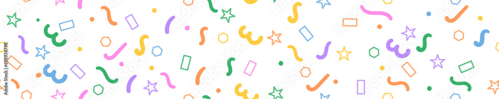 Fun colorful line doodle seamless pattern. Creative minimalist style art background for children or trendy design with basic shapes. Simple party confetti texture, childish scribble shape backdrop.  - obrazy, fototapety, plakaty 