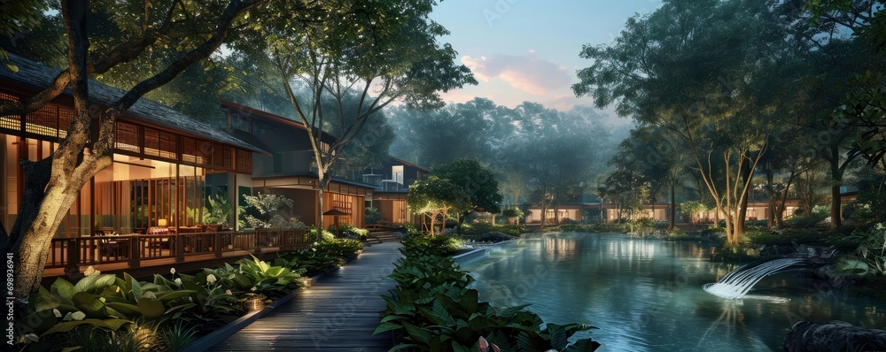 luxury resort with nature ,eco tourism, villas, travel, relax ,Generative AI