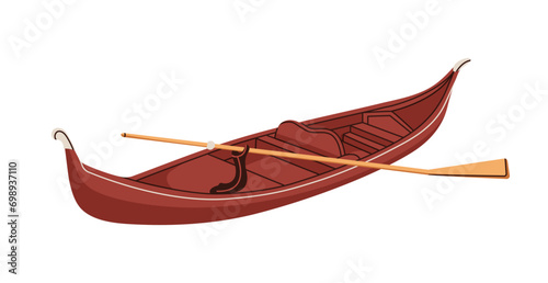 Gondola, Venetian boat. Old wooden vessel for water trip in vintage style. Wo...