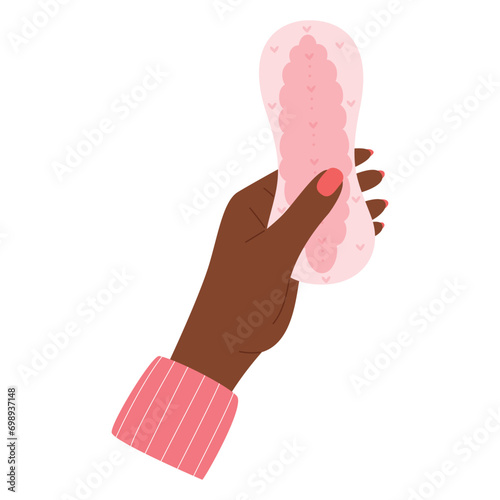 African black female hand holds daily pad for girls period. Menses care