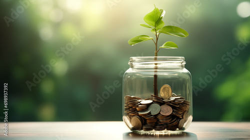 Plant in a clear jar filled with coins Saving income Returns from investing money from stocks or funds