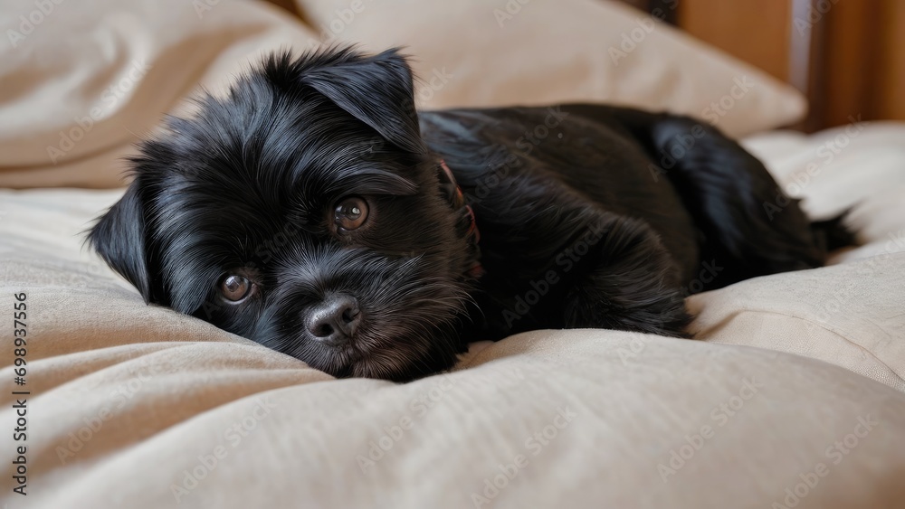 Affenpinscher dog lying on bed in the bedroom Affenpinscher dog lying on bed in the bedroom