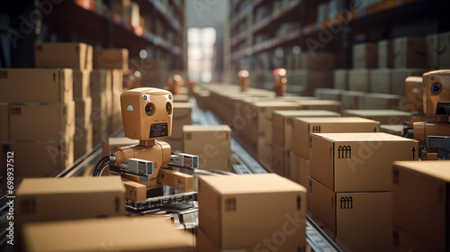 artificial intelligence robot Sorting several cardboard boxes moving along a conveyor belt. In the warehouse distribution center Sorting deliveries using an automated system with future technology