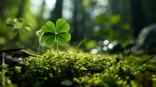 A four-leaf clover in the forest is a symbol or representative of good luck. photo