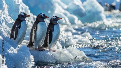 penguins on ice floe in the ocean ,Climate change impact ,Generative AI