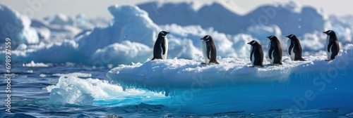 penguins on ice floe in the ocean ,Climate change impact  ,Generative AI photo