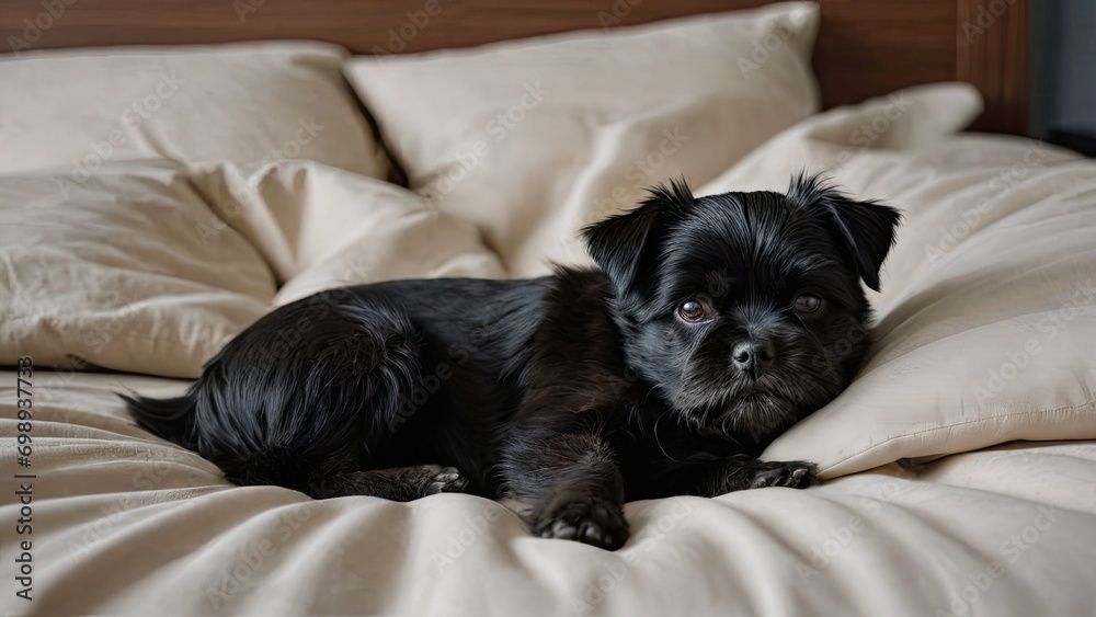 Affenpinscher dog lying on bed in the bedroom Affenpinscher dog lying on bed in the bedroom
