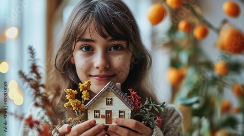 Cute girl hold minature house, littel girl with dream house concept photo