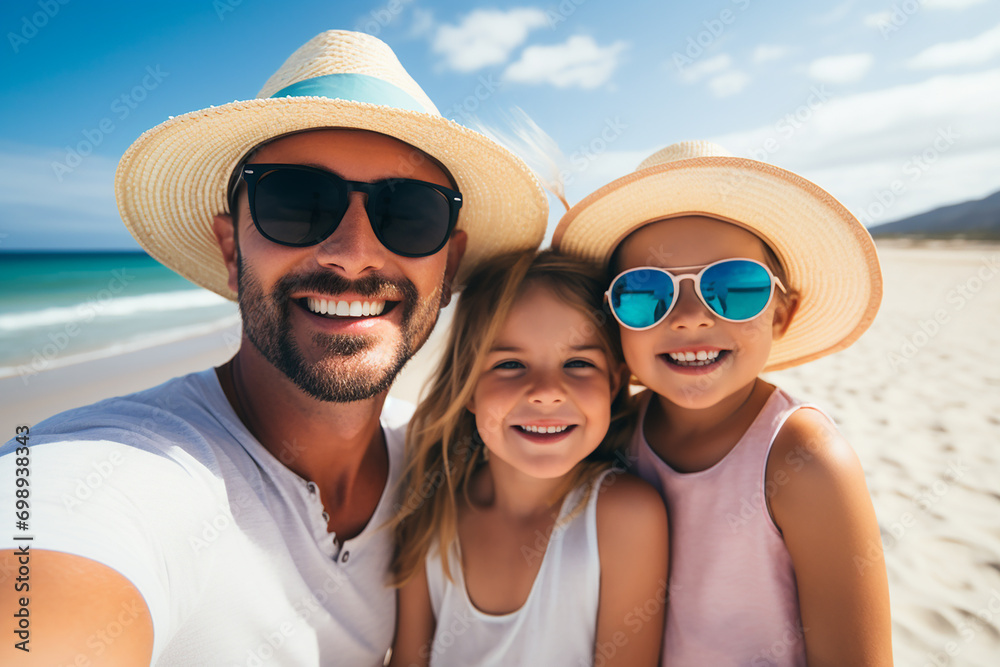 Happy family taking selfie on beach near sea. Summer vacation Happy family taking selfie on beach near sea. Summer vacation