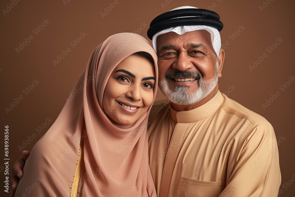 A cinematic portrait of a modern saudi couple smiling to camera during ramadan Generative AI