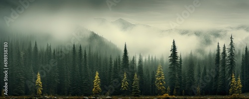 Evergreen forest foggy, Generative AI © kanesuan