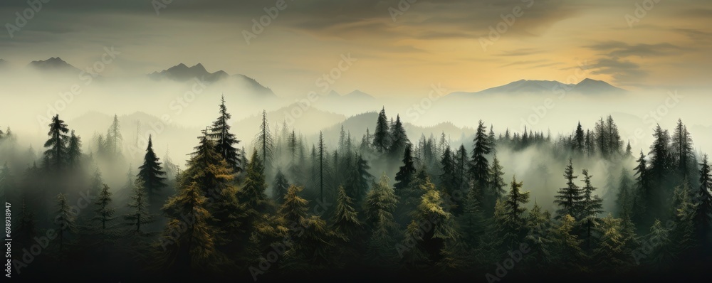 Obraz premium Evergreen forest foggy, Generative AI