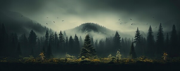 Evergreen forest foggy, Generative AI